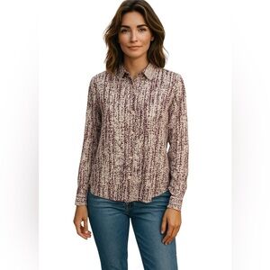 FOXCROFT ABSTRACT PRINT BUTTON DOWN SHIRT Size 16 Purple and White Print